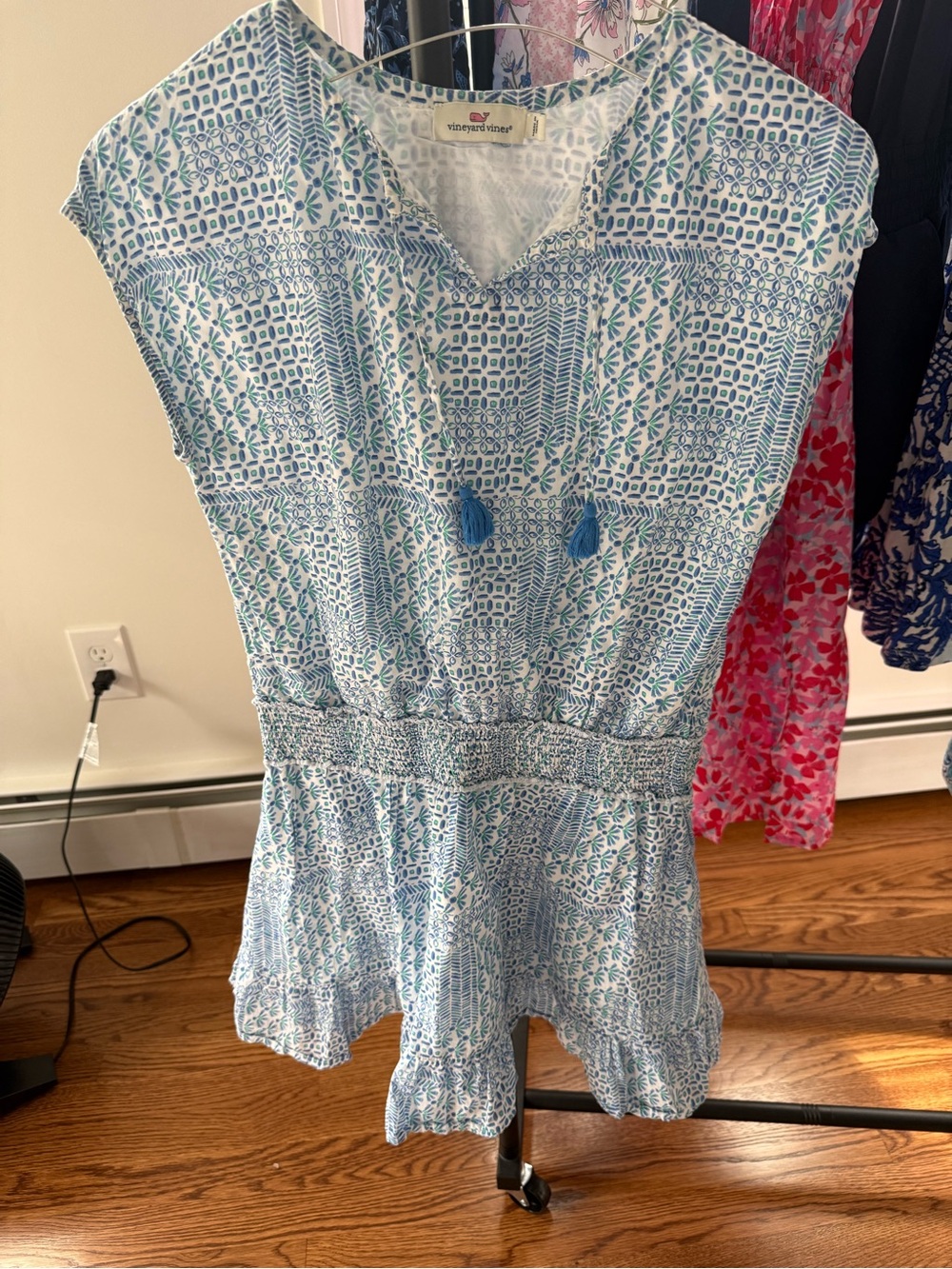 Vineyard Vines Girls Light Blue Printed Tassel Romper